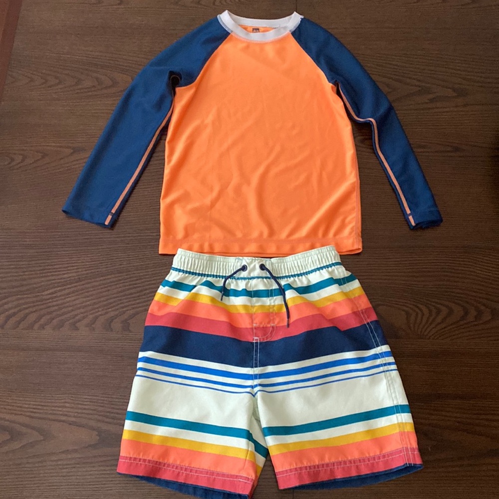 Tea Collection Boys Orange and Navy Rash Guard with Striped Swim Trunks